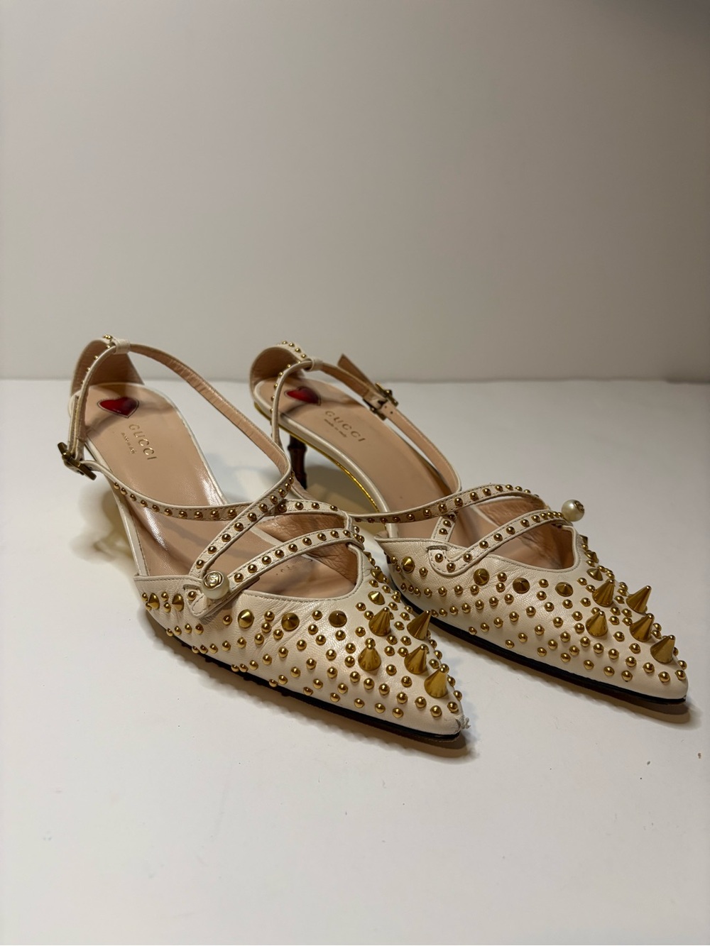 Gucci Cream Pointed Slingback Flats with Gold Studs